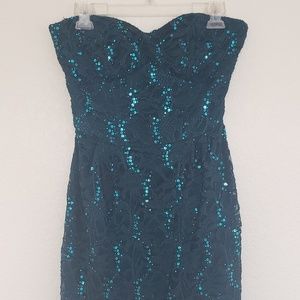 Teal Sequin Strapless Party Dress